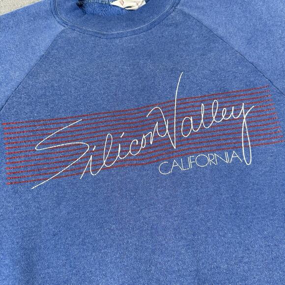 Vtg 80s Silicon Valley California Crew Neck Men’s Medium Blue Pullover - Picture 2 of 16